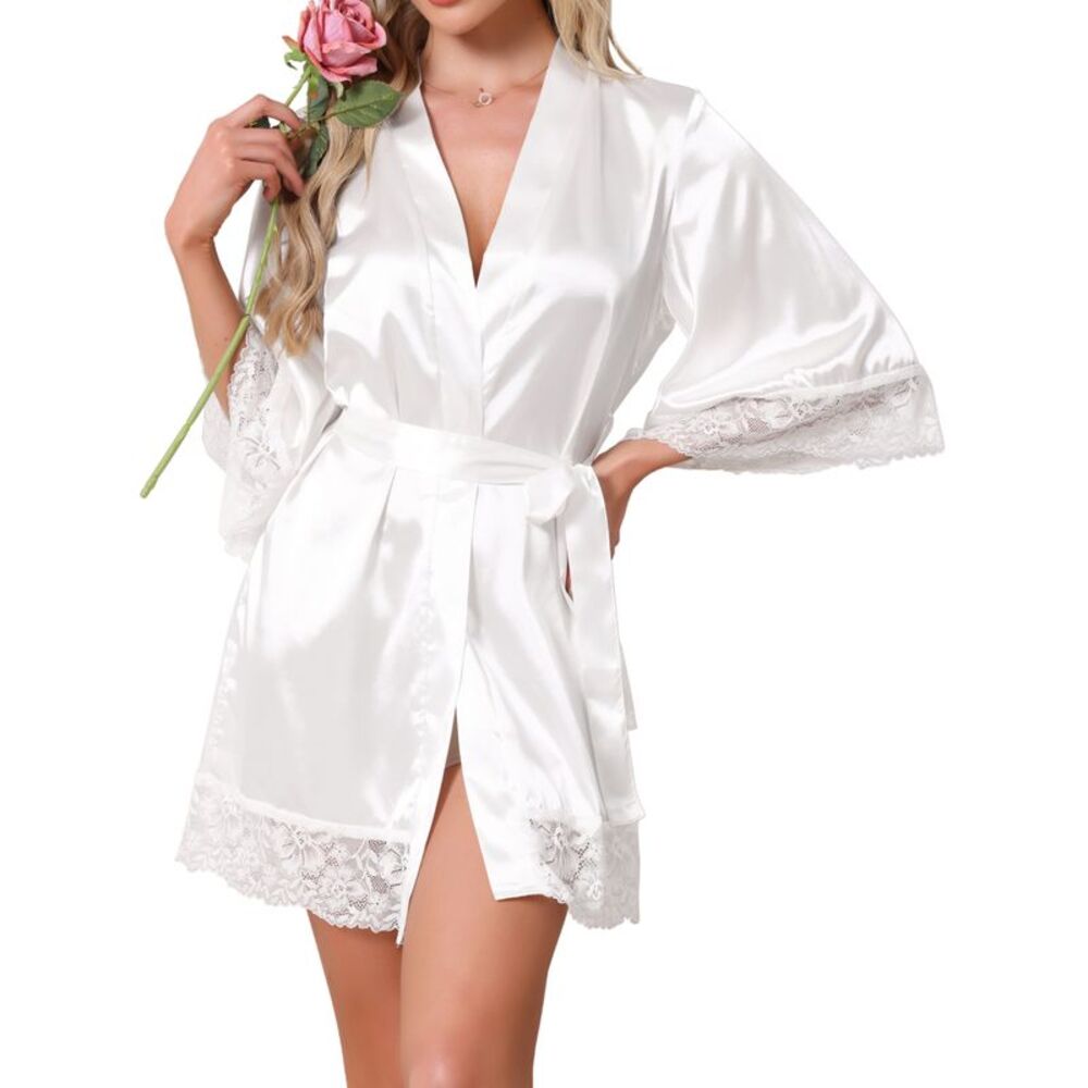 Women Silky Satin Lace Trim Tie Waist Bridal Party Robe White
